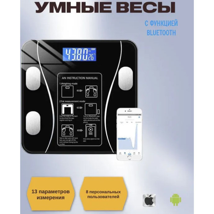 Розумні смарт-ваги Scale TY-619 електронні з додатком на телефон LCD-дисплей загартоване скло
