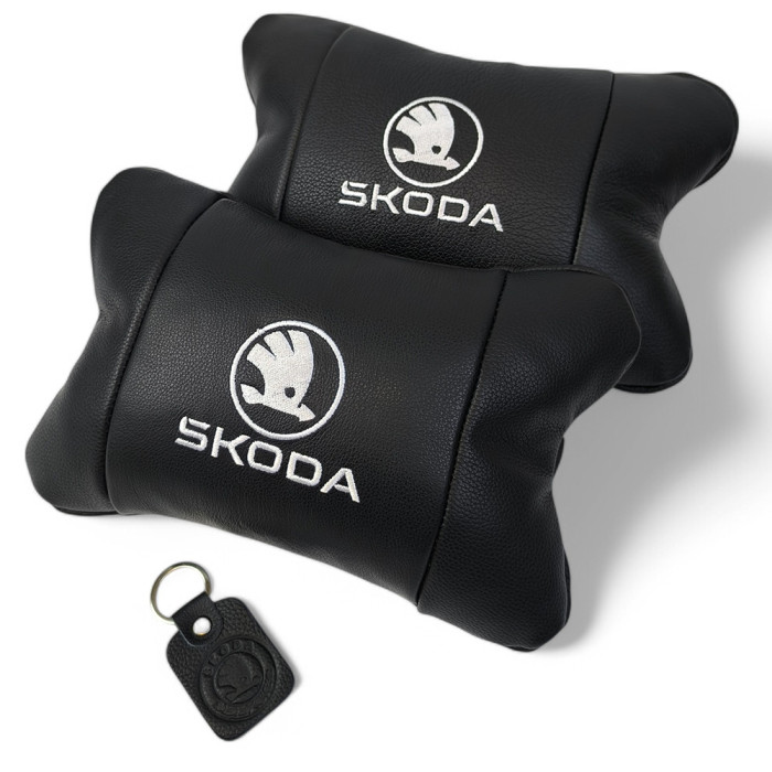 Автомобільні подушки 2 шт на підголівник Skoda / Шкода, з натуральної шкіри, стильний аксесуар для вашого авто