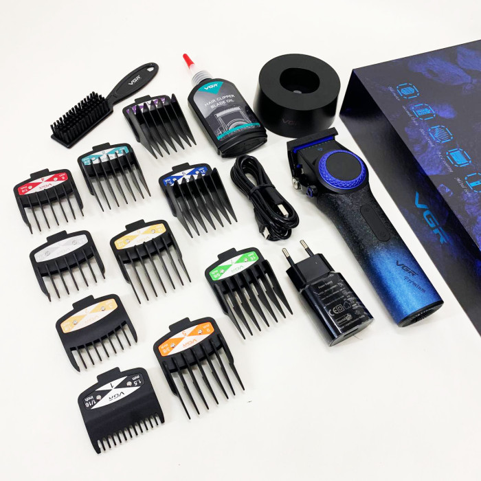 Професійна машинка для стрижки волосся VGR V-001 BLUE з дисплеєм 9000 об/хв та 10 насадками 1,5-24 мм