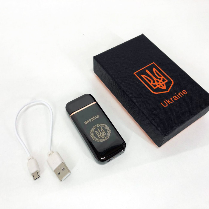 Дугова електроімпульсна запальничка USB Герб України (індикатор заряду, ліхтарик) HL-442. Колір чорний