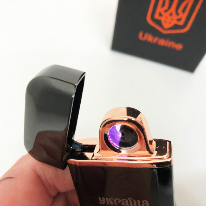 Дугова електроімпульсна запальничка USB Герб України (індикатор заряду, ліхтарик) HL-442. Колір чорний