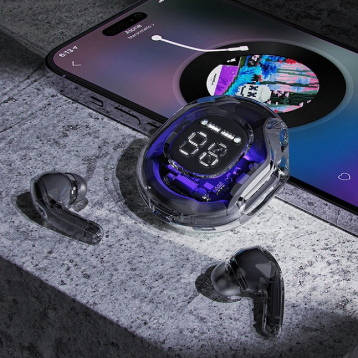 Бездротові навушники TWS T8 PRO з прозорим кейсом Вакуумний LED дисплей Bluetooth 5.3. Колір: чорний