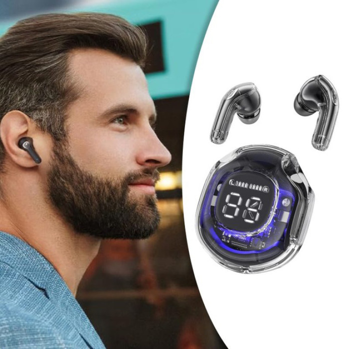 Бездротові навушники TWS T8 PRO з прозорим кейсом Вакуумний LED дисплей Bluetooth 5.3. Колір: чорний