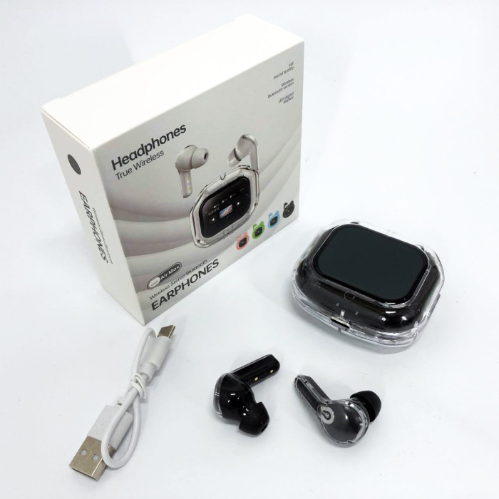 Бездротові вакуумні навушники TWS з дисплеєм LED, вологозахист IPx4 Bluetooth 5.4 з кейсом. Колір: чорний