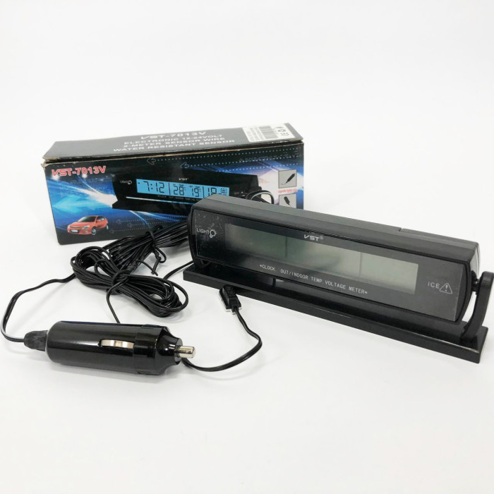 Автомобильные часы с подсветкой VST-7013V вольтметр, 2 термометра Авточасы с выносным термометром