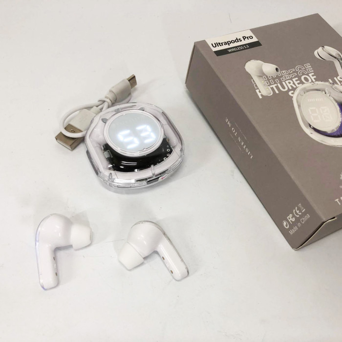 Бездротові навушники TWS T8 PRO з прозорим кейсом Вакуумний LED дисплей Bluetooth 5.3. Колір: білий