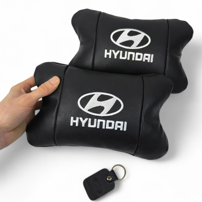 Набір подушок для авто Hyundai 2шт, натуральна шкіра, чорний колір, комфортні підголовники в автомобіль