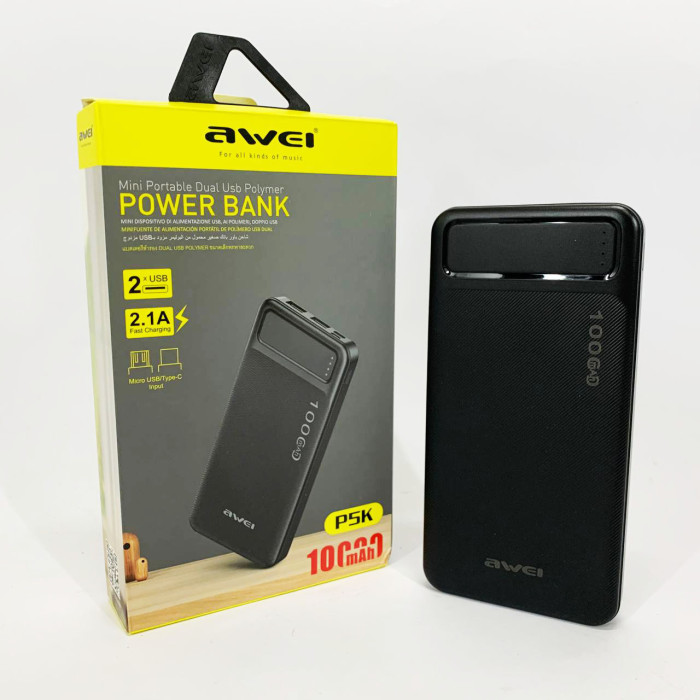 Power Bank Awei P5K 10000 mah Портативне зарядне УМБ 2xUSB чорний