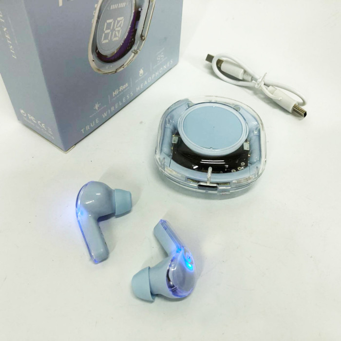 Бездротові навушники TWS T8 PRO з прозорим кейсом Вакуумний LED дисплей Bluetooth 5.3. Колір: блакитний