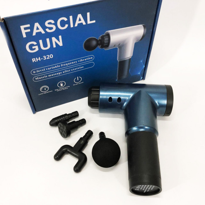 Акумуляторний масажер Fascial Gun KH-320 портативний ручний ударний м'язовий пістолет 4 насадки синій