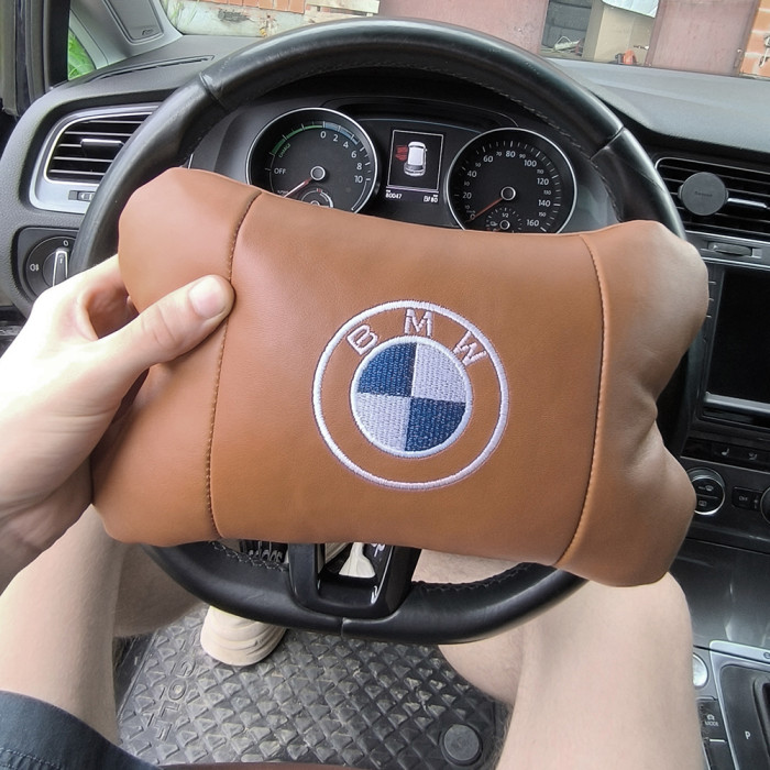 Комплект автоподушок 2шт з натуральної коричневої шкіри для BMW. Ортопедична подушка в авто БМВ