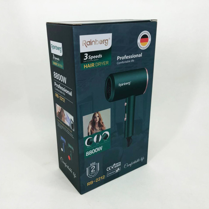 Фен Rainberg RB-2212 8800 W з регуляцією температури та швидкості для сушіння та укладання волосся. Колір: зелений