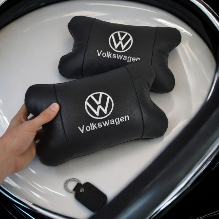 Набір подушок 2шт в авто Volkswagen з натуральної шкіри, на підголовник у машину, Автомобільна подушка