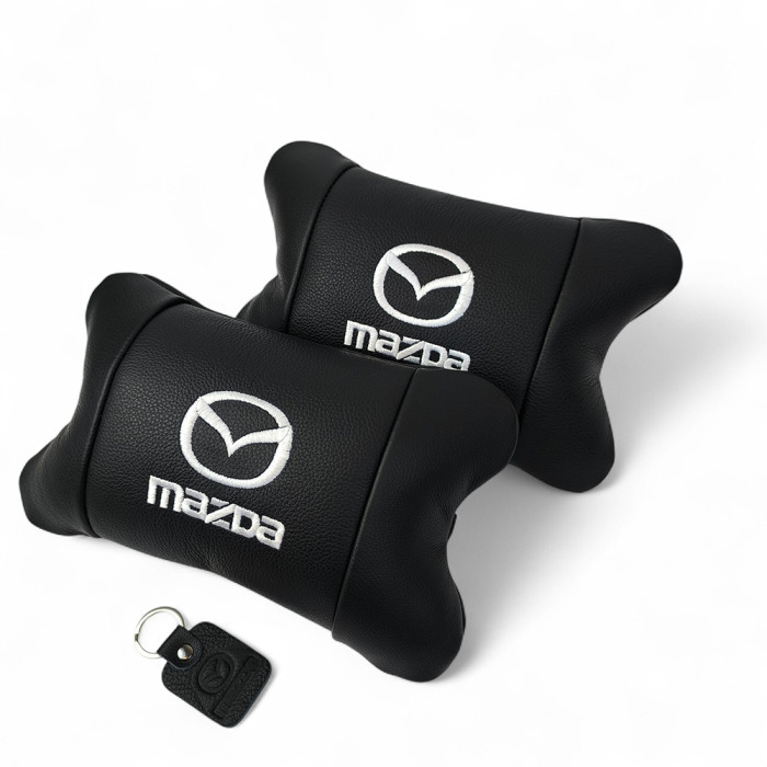 Набір шкіряних подушок Mazda з вишивкою логотипу + подарунок – шкіряний брелок