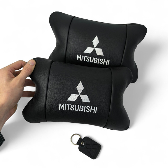 Подушки Mitsubishi з натуральної шкіри, Автоподушки на підголовник + шкіряний брелок з логотипом