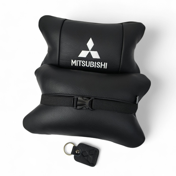 Подушки Mitsubishi з натуральної шкіри, Автоподушки на підголовник + шкіряний брелок з логотипом