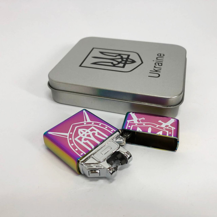 Дугова електроімпульсна запальничка USB Україна металева коробка HL-446. Колір: хамелеон