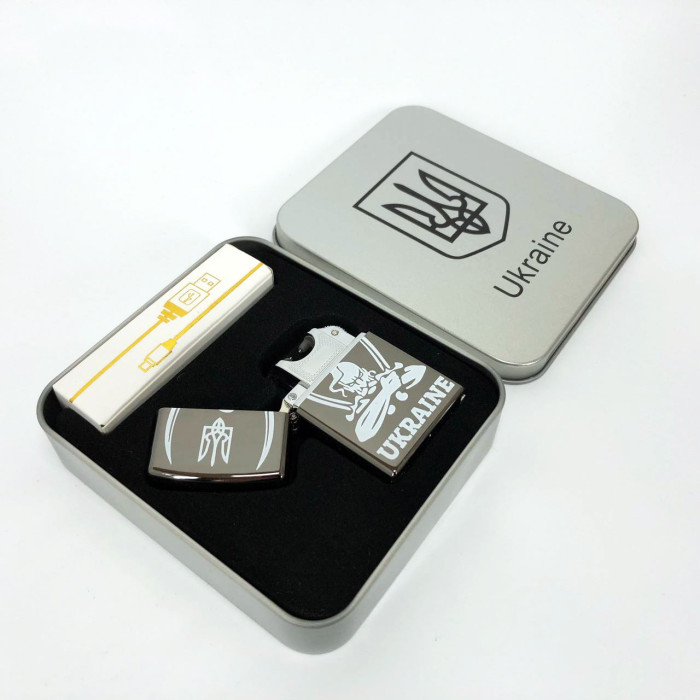 Дугова електроімпульсна запальничка USB Україна (металева коробка) HL-449. Колір: чорний