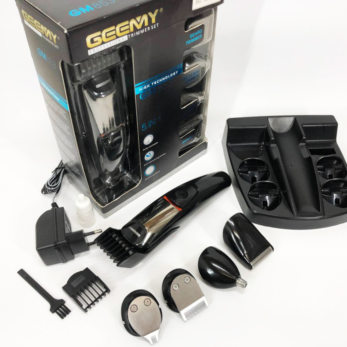 Машинка для стрижки 5в1 Geemy GM-853 стайлер, бритва, триммер на акумуляторі нержавіюча сталь 6 насадок