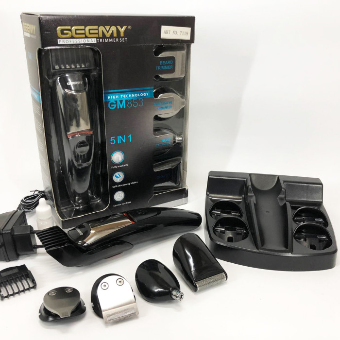 Машинка для стрижки 5в1 Geemy GM-853 стайлер, бритва, триммер на акумуляторі нержавіюча сталь 6 насадок