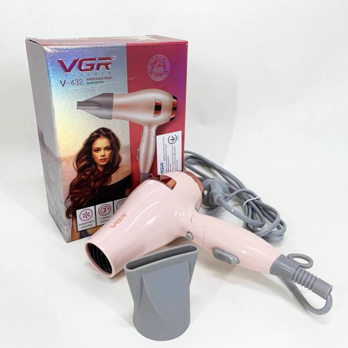 Фен для волосся дорожній VGR V-432 PINK, з концентратором 1000 Вт, іонізація та 2 режими. Колір: рожевий