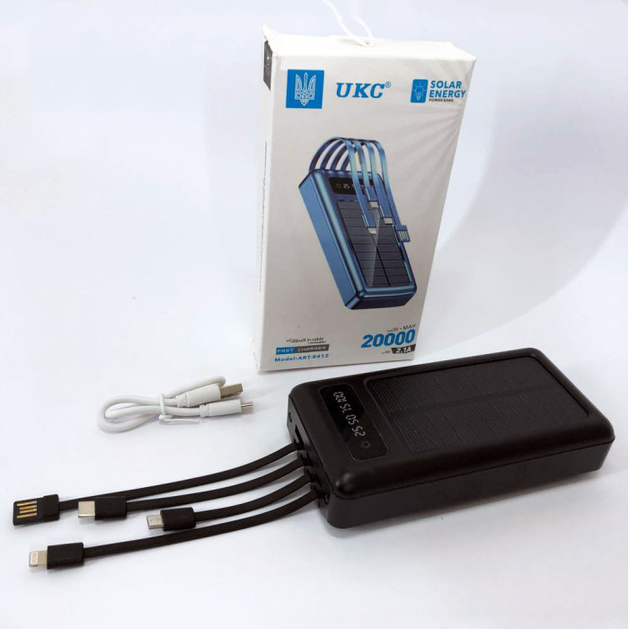 Портативний зарядний пристрій на 20000mAh, Power Bank на сонячній батареї, для планшета. Колір: чорний