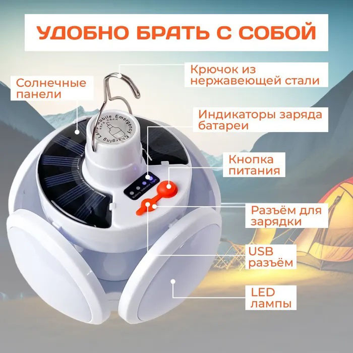 Ліхтар Лампа для кемпінгу акумуляторна BL-2029 + SOLAR на сонячній батареї кемпінговий складаний ліхтар