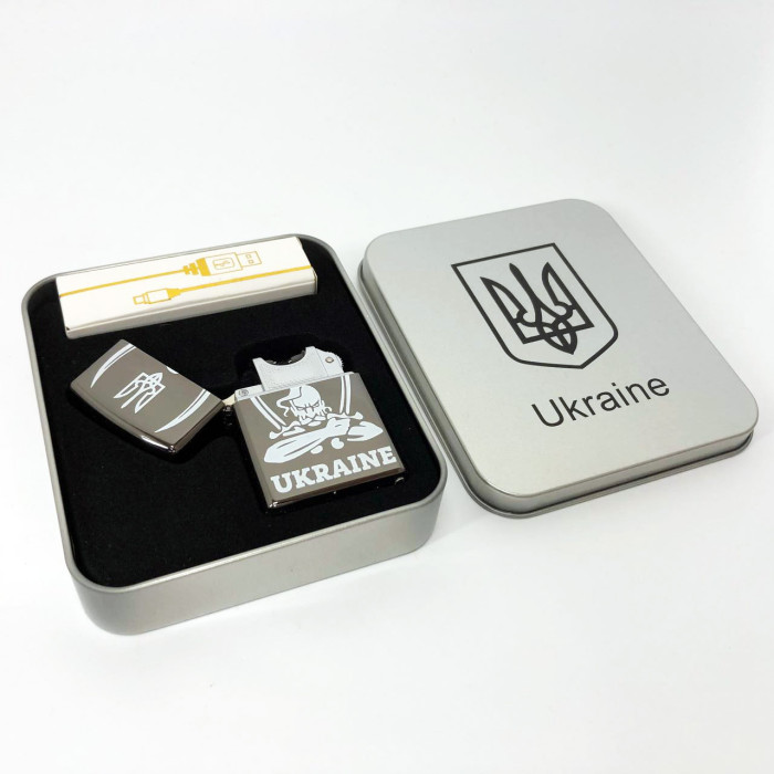Дугова електроімпульсна запальничка USB Україна (металева коробка) HL-449. Колір: чорний