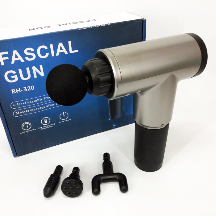 Акумуляторний масажер Fascial Gun KH-320 портативний ручний ударний м'язовий пістолет 4 насадки сірий