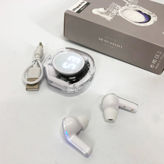 Бездротові навушники TWS T8 PRO з прозорим кейсом Вакуумний LED дисплей Bluetooth 5.3. Колір: білий