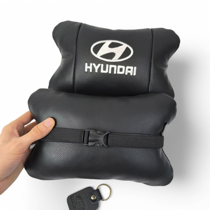 Набір подушок для авто Hyundai 2шт, натуральна шкіра, чорний колір, комфортні підголовники в автомобіль