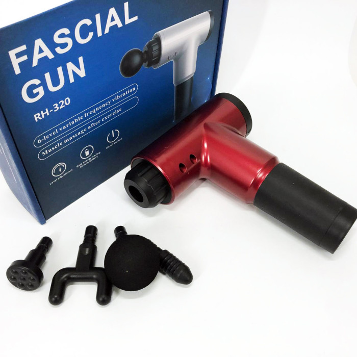 Акумуляторний масажер Fascial Gun KH-320 портативний ручний ударний м'язовий пістолет 4 насадки червоний