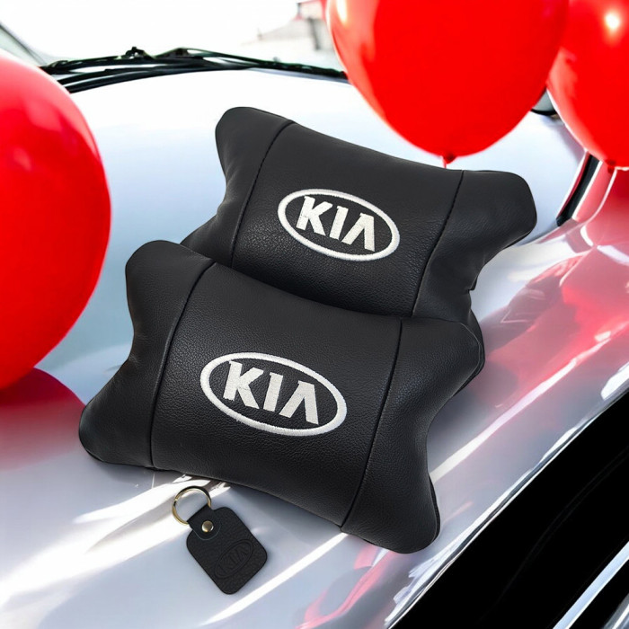 Автодушки 2 шт на підголовник Kia / Кіа, натуральна шкіра, чорні, Підголовник для авто з комфортом