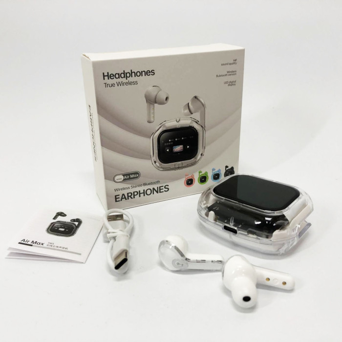 Бездротові вакуумні навушники TWS з дисплеєм LED, вологозахист IPx4 Bluetooth 5.4 з кейсом. Колір: білий