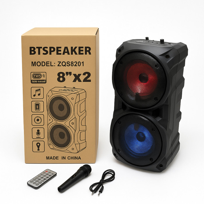 Колонка ZQS-8201 Бездротова переносна акустична Bluetooth з підсвічуванням мікрофоном AUX пульт Д/У