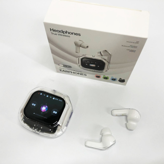 Бездротові вакуумні навушники TWS з дисплеєм LED, вологозахист IPx4 Bluetooth 5.4 з кейсом. Колір: білий