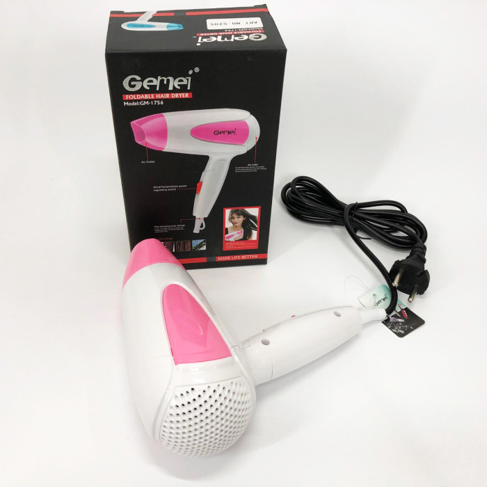 Фен для волосся складаний дорожній Gemei GM-1756 1200 Вт, Домашній фен для укладання. Колір: рожевий
