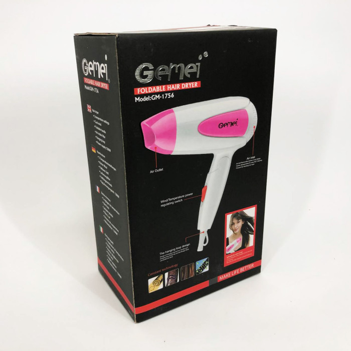Фен для волосся складаний дорожній Gemei GM-1756 1200 Вт, Домашній фен для укладання. Колір: рожевий