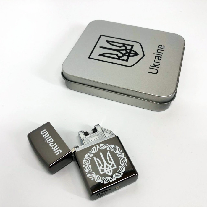 Дугова електроімпульсна запальничка USB Україна металева коробка HL-447. Колір: чорний