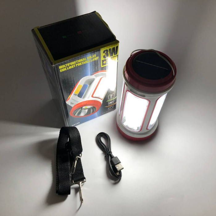Ліхтар кемпінговий з сонячною панеллю 5158-LED-COB power bank, кемпінговий ліхтар-лампа. Колір: червоний