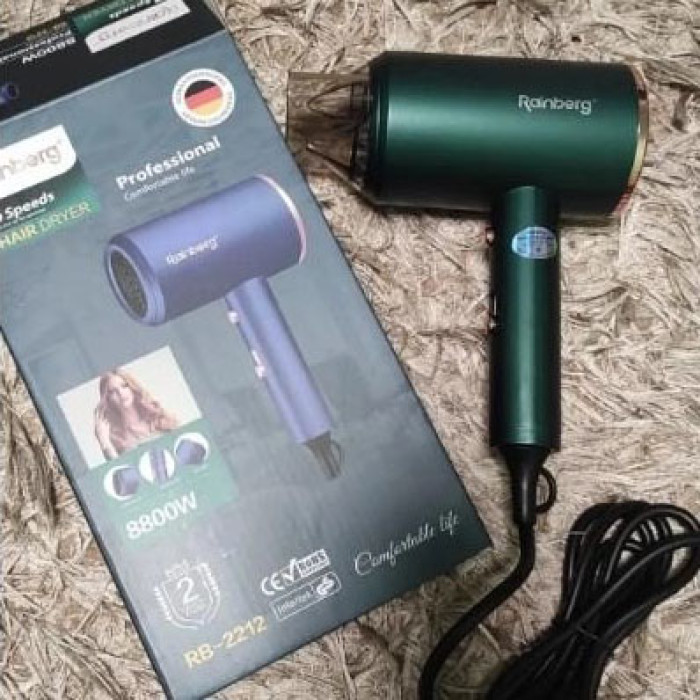Фен Rainberg RB-2212 8800 W з регуляцією температури та швидкості для сушіння та укладання волосся. Колір: зелений