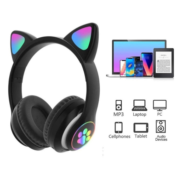 Бездротові навушники з котячими вушками та RGB підсвічуванням Cat VZV 23M. Колір: чорний