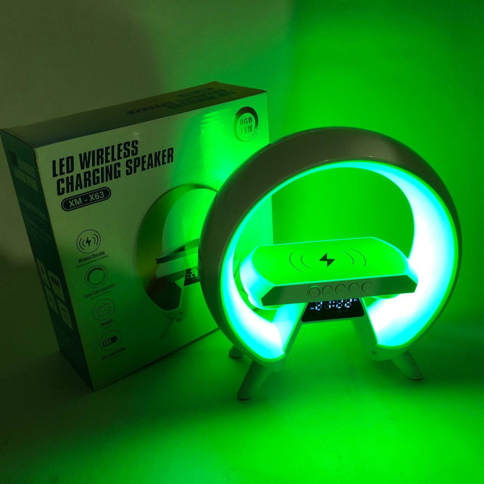 LED Лампа нічник з бездротовою зарядкою та Bluetooth динаміком G-Lite XM-X63, Годинник хамелеон з будильник