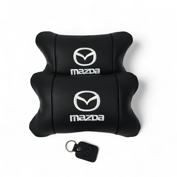Набір шкіряних подушок Mazda з вишивкою логотипу + подарунок – шкіряний брелок