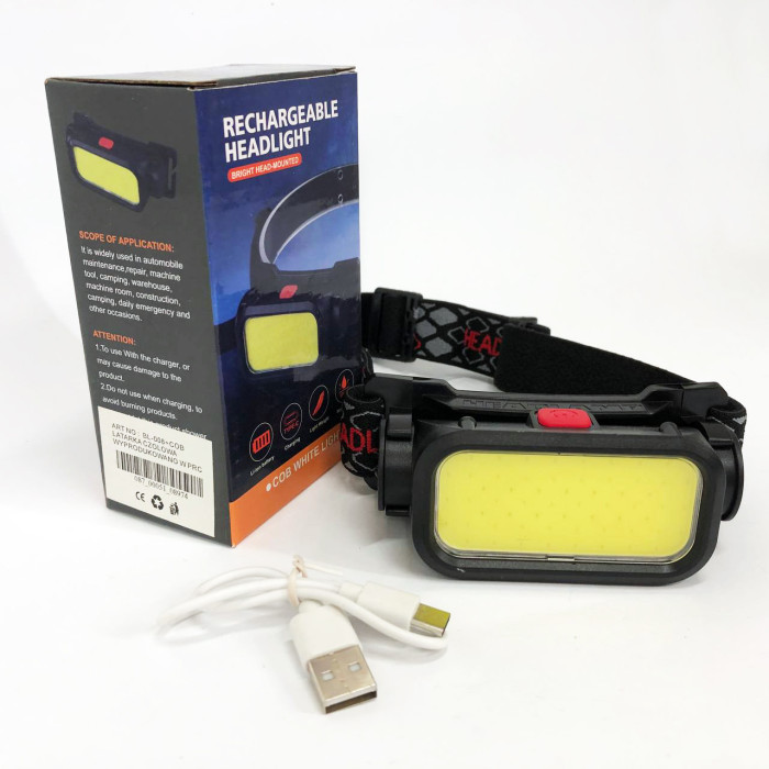 Ліхтар налобний BL-008+COB (white+red), червоне світло, водозахист, вбудований акумулятор