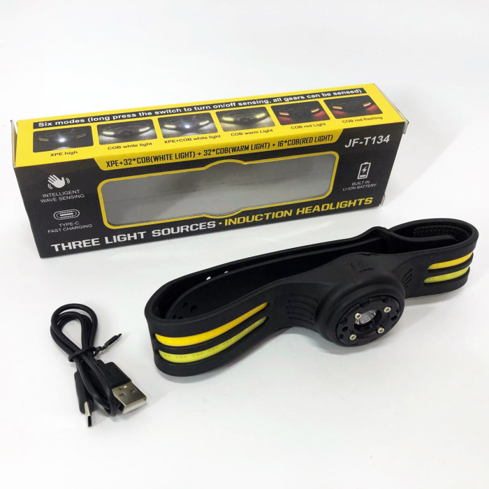 Ліхтар налобний T134-XPE-4COB (white+yellow+red) Motion Sensor, налобний ліхтарик із usb зарядкою