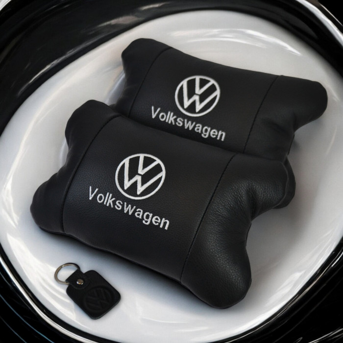 Набір подушок 2шт в авто Volkswagen з натуральної шкіри, на підголовник у машину, Автомобільна подушка