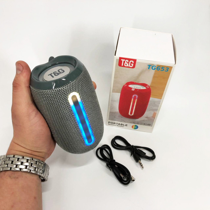 Портативна Bluetooth-колонка TG653 USB з ремінцем, гучна колонка для вечірки. Колір: сірий