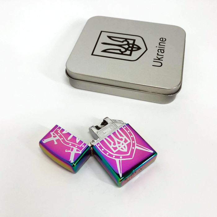 Дугова електроімпульсна запальничка USB Україна металева коробка HL-446. Колір: хамелеон