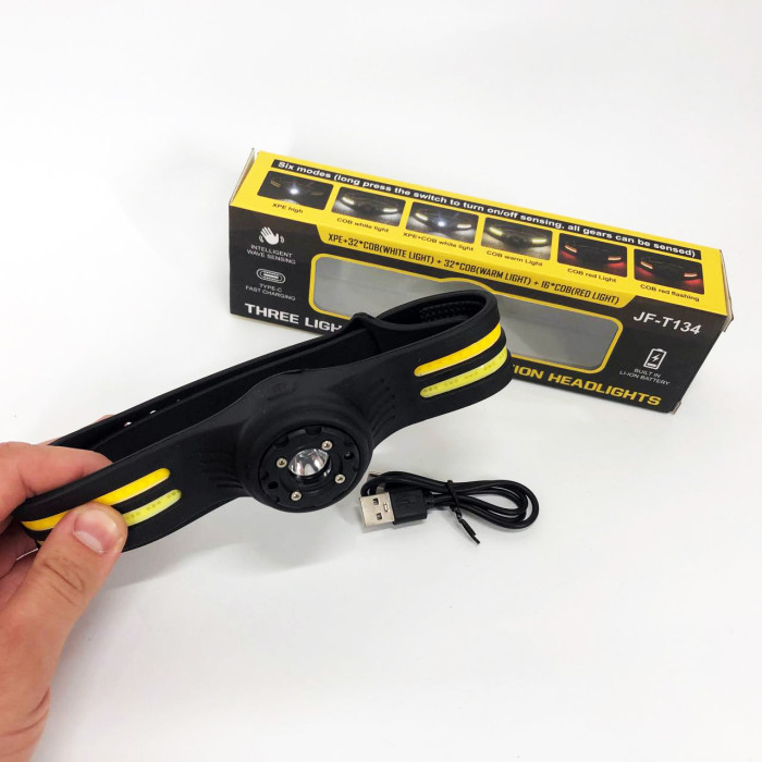 Ліхтар налобний T134-XPE-4COB (white+yellow+red) Motion Sensor, налобний ліхтарик із usb зарядкою